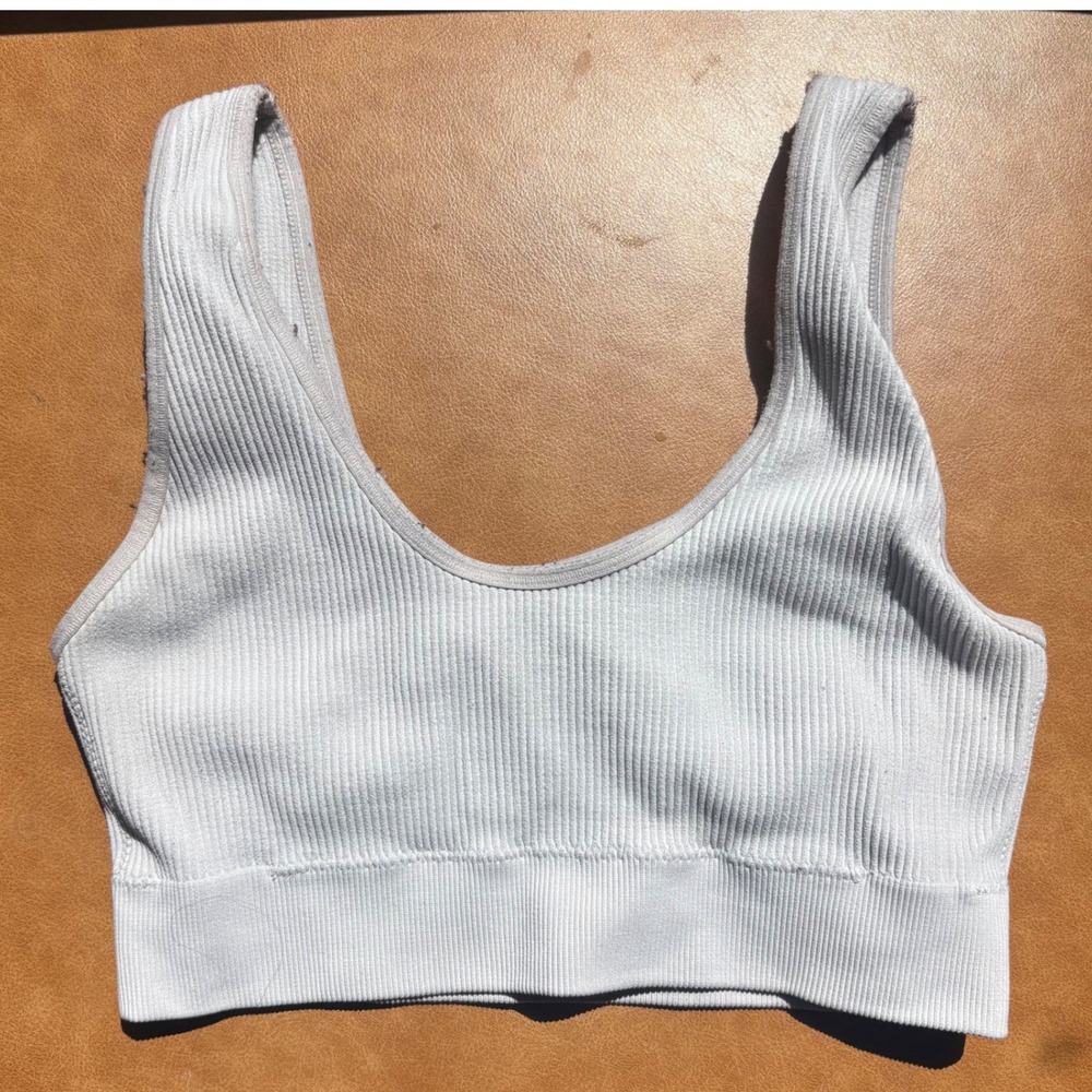 Seamless Ribbed Knit Scoop Neck Sports Bra White Crop Top Activewear